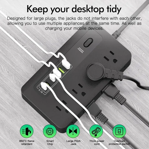 Vista 4 de HITRENDS - Regleta de alimentación con USB, cable de extensión de enchufe plano de 6 pies con 8 tomas, 3 puertos USB y 3 puertos tipo C (5V/3A)