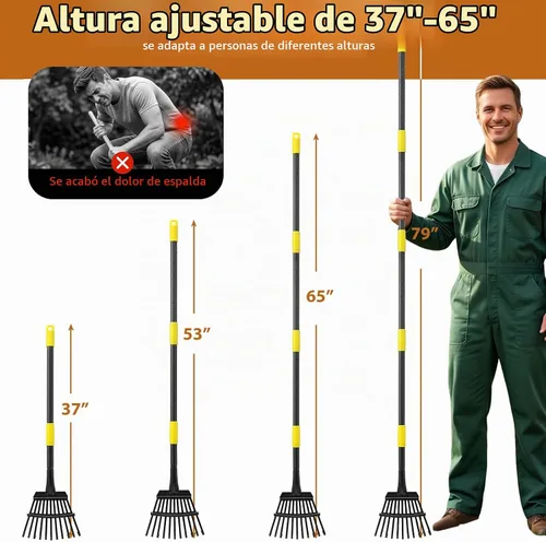 Vista 5 de Rastrillo de hojas de jardín para césped resistente, rastrillo de metal para patio con cabezal pequeño y estrecho de 9 pulgadas, mango largo