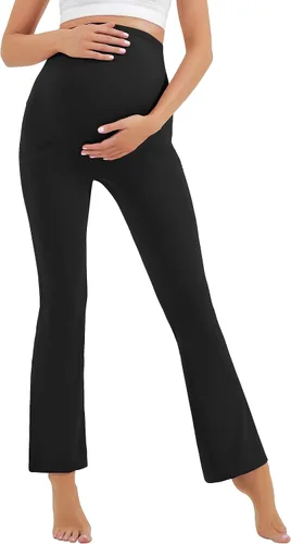 Vista 4 de HEGALY Leggings acampanados de maternidad para mujer sobre el vientre, pantalones casuales de yoga para embarazo, con bolsillos, suaves como