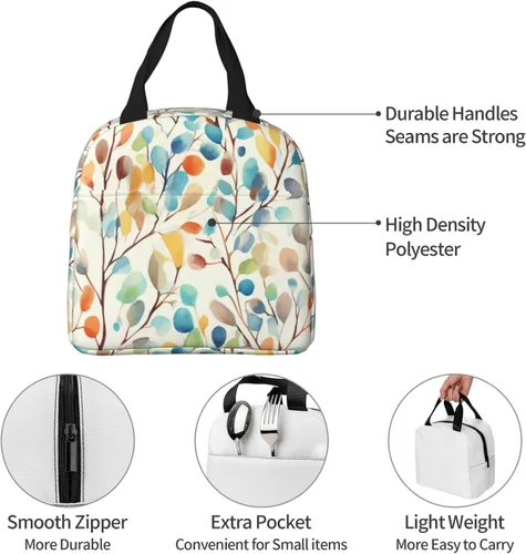 Vista 3 de Giwawa Bolsa de almuerzo aislada con hojas coloridas de acuarela, color gris, amarillo, con flores silvestres, reutilizable, térmica, impermeable