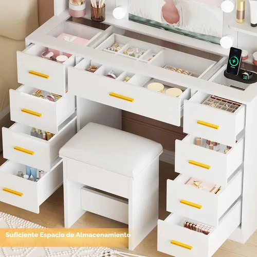 Vista 3 de BEWISHOME - Tocador de maquillaje con espejo y luces, mesa de tocador blanca con superficie de vidrio, toma de corriente, taburete, tocador con 9