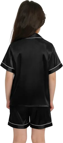 Vista 4 de SWOMOG Conjunto de pijama de satén para niños y niñas, con botones, de manga corta, ropa de dormir de seda de 2 piezas