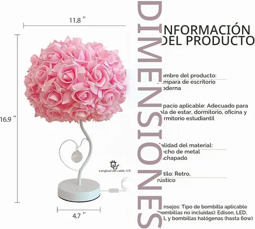Vista 2 de ZYLEISENBAO Lámpara de Flor de Rosa Rosa Romántica Lámpara de Mesita de Noche Princesa Lámpara de Mesa de Flor para Mesita de Noche Luz de Rosado