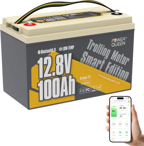 Vista 11 de Power Queen Batería de litio Bluetooth de 24 V 125 Ah con autocalentamiento, motor de arrastre LiFePO4, tamaño mini, protección a baja temperatura