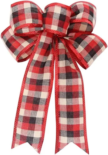 Vista 13 de Ochine Decoración para árbol de Navidad, lazo decorativo para árbol de Navidad, tiras decorativas, cinta, búfalo, arpillera, rojo y negro, lazo