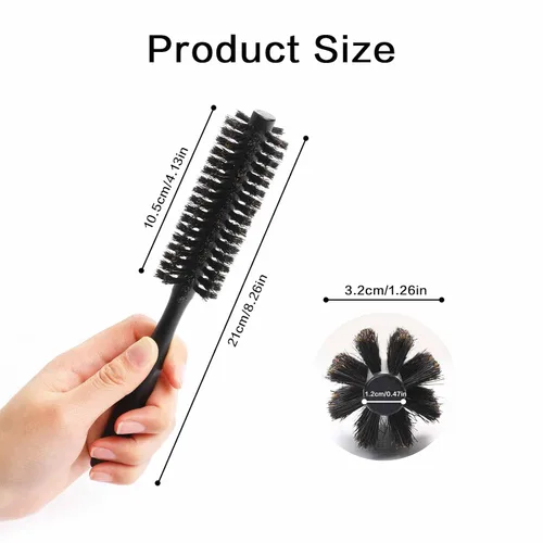 Vista 5 de Mini cepillo de pelo redondo portátil para rizar y barba con mango de madera natural, cepillo de cerdas de jabalí para secar y peinar para mujeres