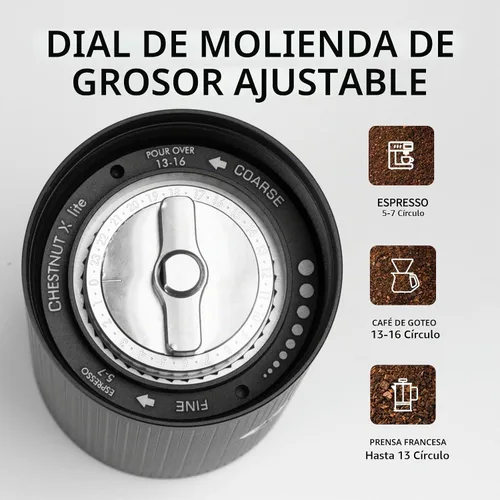 Vista 4 de TIMEMORE Molinillo de café manual de acero inoxidable con rebabas cónicas con capacidad de 0.71 oz numérico externo ajustable, molinillo de expressp
