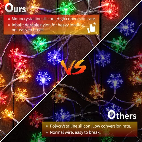 Vista 7 de Tira de luces con diseño de copo de nieve, con 50 ledes, 24.6pies, impermeable, para exteriores, con 8 modos de iluminación para bodas, fiestas