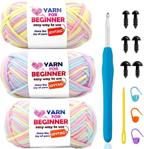 Vista 62 de Hilo de Ganchillo para Principiantes Verde Manzana Hilo de Algodón para Tejer y Tejido - Kit de Ganchillo para Principiantes - 3 * 50g