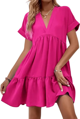 Vista 3 de WDIRARA Vestido de manga corta enrollable con cuello en V y dobladillo con volantes para mujer