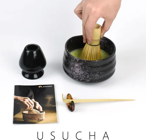 Vista 6 de Artcome Kit de ceremonia de matcha para ceremonia de té japonesa, cuenco tradicional de matcha, batidor, cuchara de té, colador de polvo matcha Negro