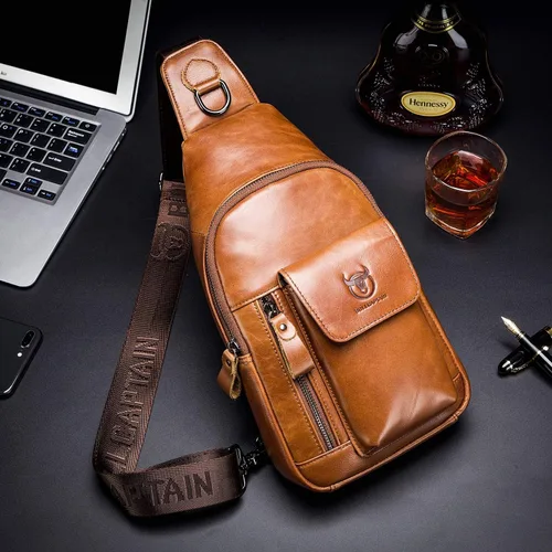 Vista 2 de BULLCAPTAIN Bolso cruzado de cuero para hombre, bolso bandolera de hombro, bolsas casuales para el pecho, para viajes, senderismo, mochilas