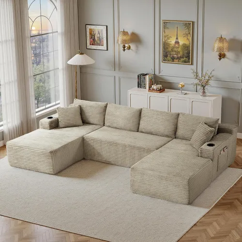 Vista 24 de Sofá modular moderno de 96 pulgadas para sala de estar, sofá modular tapizado sin hueso con bolsillos, cómodo sofá nube con diván en forma de L Negro