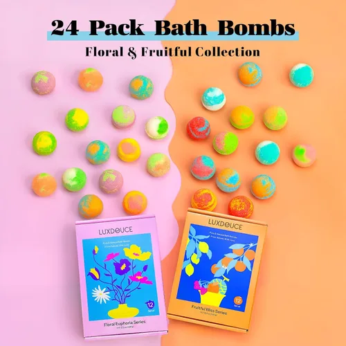 Vista 2 de Bombas de baño de regalo, paquete de 24 bombas de burbujas con 12 aromas únicos, colecciones florales y afrutadas, calmante para la piel y mejora