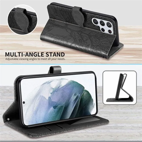Vista 4 de Funda tipo cartera para Samsung Galaxy S23 Ultra 5G, piel sintética de alta calidad con diseño de árbol en relieve [atril] [ranuras para tarjetas]