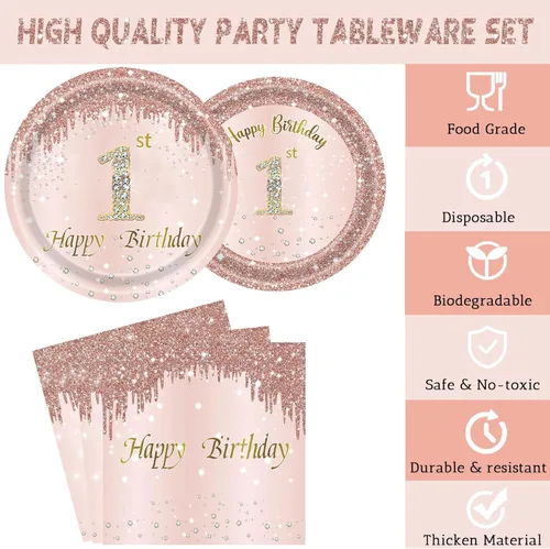 Vista 3 de 24 juegos de decoración de cumpleaños de oro rosa para niñas 1 juego de platos y servilletas y tenedores suministros de fiesta para niños de 1 año