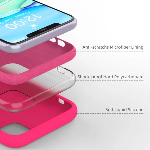 Vista 4 de Funda de silicona líquida compatible con iPhone 11, color rosa neón [Protección contra caídas] [Resistente a los arañazos, a prueba de golpes]