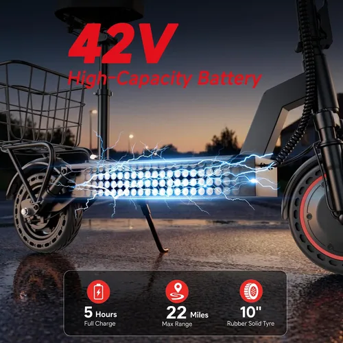 Vista 8 de WERHY 500W Electric Scooter with Seat and Basket, Front and Rear Suspension Negro