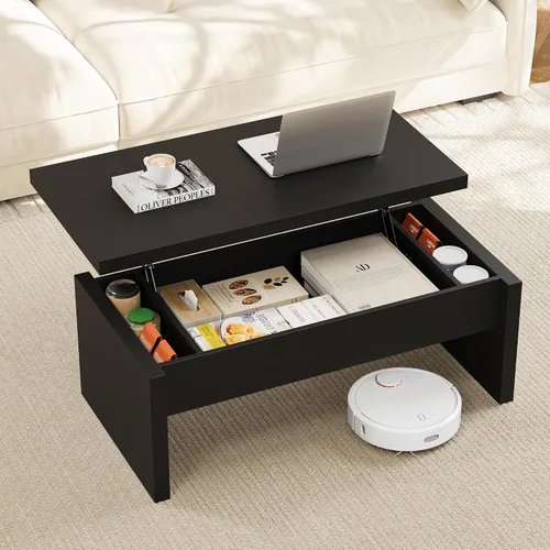 Vista 7 de Mesa de Centro Pequeña con Tapa Elevable, Mesa de Centro Rectangular de Madera con Tapa Elevable y Compartimento de Almacenamiento Oculto, Mesas