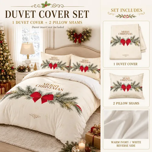 Vista 3 de Juego de funda de edredón de Navidad 3D, fundas de edredón y fundas de almohada con patrón de lazo rojo, juegos de ropa de cama de color pulido Chri