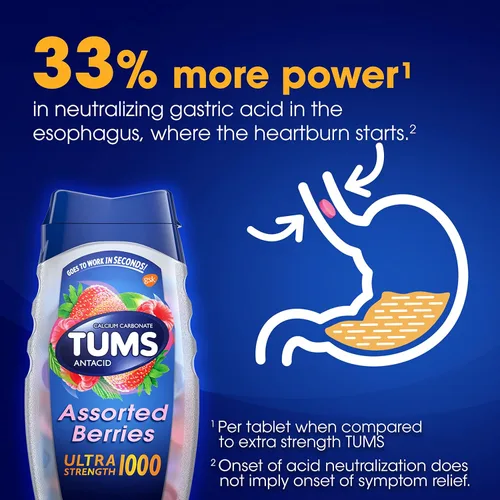 Vista 4 de TUMS Tabletas antiácidas ultra fuertes para alivio masticable de la acidez estomacal y alivio de la indigestión ácida, bayas surtidas, paquete de 12