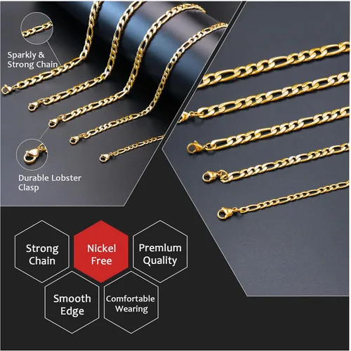 Vista 5 de Collar con cadena tipo Figaro de acero inoxidable, baño de oro real, cadenas unisex, joyería para regalo
