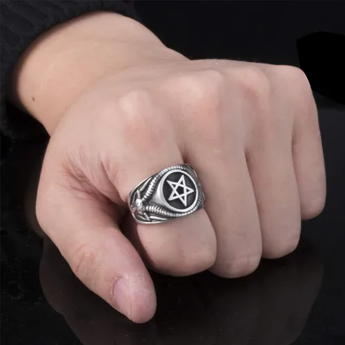 Vista 5 de Anillo de pentagrama Baphomet Cabra Satanás Demonio Diablo Hombres Anillos de Acero Inoxidable Joyería Vintage
