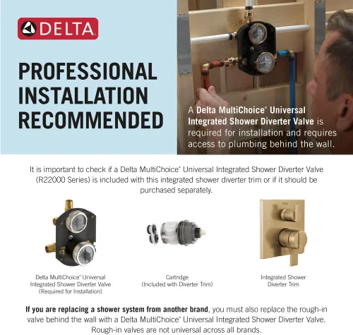 Vista 5 de Delta Moderno kit de moldura de mango de ducha de doble función con desviador integrado de 3 vías, válvula de sistema de ducha de oro cepillado