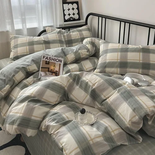 Vista 5 de EAVD - Juego de edredón a cuadros gingham verde tamaño Twin XL, 3 piezas, juego de edredón a cuadros de cuadrícula, juego de ropa de cama moderno