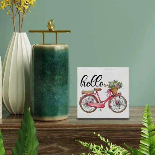 Vista 3 de Letrero de madera de verano, decoración de escritorio, letrero de Hello Floral Bicicleta, caja de madera, letrero de bloque de granja, estante