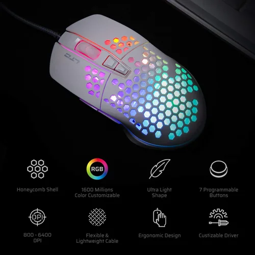 Vista 3 de LTC Circle Pit HM-001 RGB - Mouse para juegos con carcasa ligera de panal de abeja 6400 DPI 6 botones programables color blanco