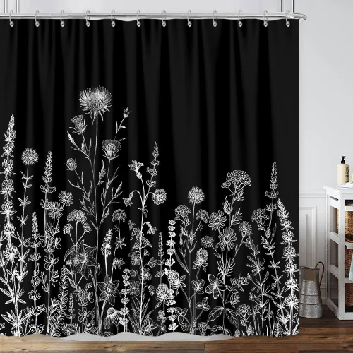 Vista 12 de Cortina de ducha de mariposa floral negra y dorada, cortina de ducha bohemia con diseño botánico de flores oscuras para baño con gancho, juego