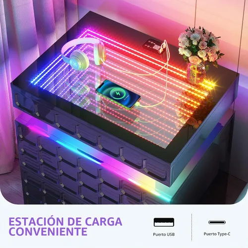 Vista 7 de Vlsrka Mesita de noche con luces RGB, soporte de noche inteligente con Negro