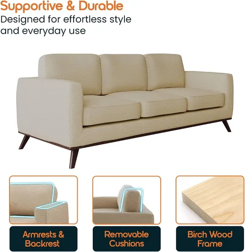 Vista 7 de LeisureMod Chester - Sofá moderno de cuero y malla de 3 plazas con base de madera de abedul Sofá de sala de estar de mediados de siglo (malla beige)