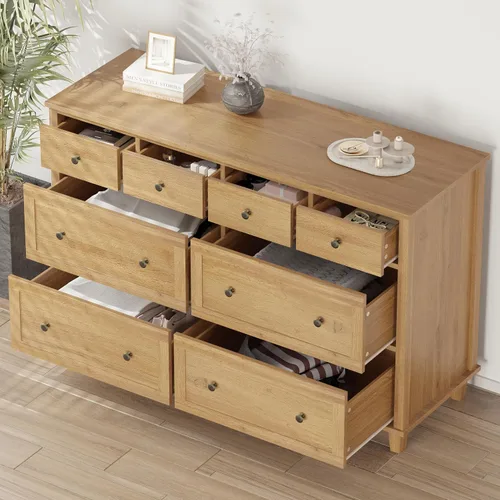 Vista 6 de Cómoda de madera con 8 cajones de 56.3 pulgadas de ancho, cómoda de almacenamiento grande para dormitorio, sala de estar, pasillo, entrada Roble