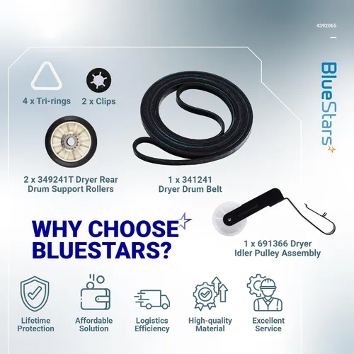 Vista 9 de BlueStars 4392065 Kit de reparación de secadora incluido Cinturón 341241 Rodillos tensores 691366 349241T para secadores Whirlpool Kenmore Admiral