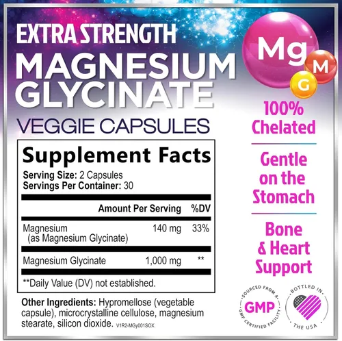Vista 2 de Suplemento de glicinato de magnesio, 100% quelado y purificado, para apoyar el sueño, la salud del corazón, los músculos y la fuerza ósea, fórmula