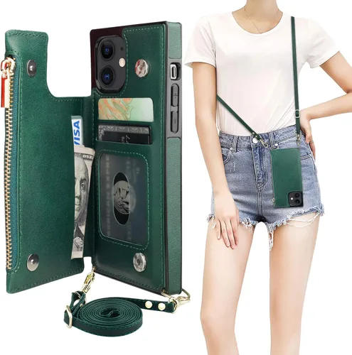 Vista 20 de Bocasal Funda tipo cartera cruzada para iPhone 12 Mini con tarjetero, protector de ranura para tarjetas con cremallera, a prueba de golpes, con Negro
