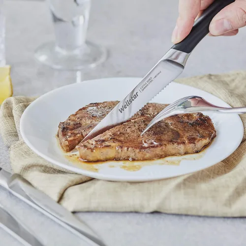 Vista 4 de WELLSTAR Juego de 4 cuchillos para carne, hoja dentada de acero inoxidable alemán resistente a la corrosión, mango ergonómico de espiga completa