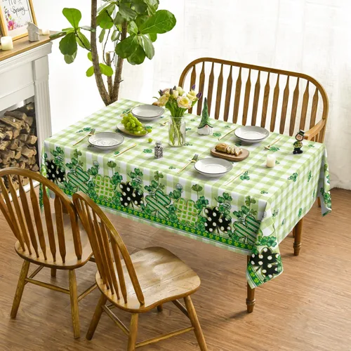 Vista 2 de Horaldaily Mantel rectangular del Día de San Patricio de 52 x 70 pulgadas, funda de mesa de trébol a cuadros de búfalo para decoración de fiesta