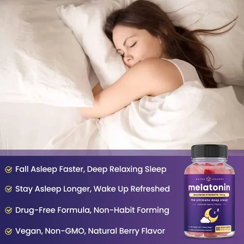 Vista 3 de NutraChamps Gomitas de melatonina para adultos, vitaminas extra fuertes para ayudar al sueño, dosis de 5 mg o 10 mg, suplemento vegano con sabor a