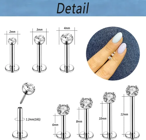 Vista 2 de ZS 12 anillos de labio Pushin de 16G, joyería de acero inoxidable Medusa, 0.079 in, 0.118 in, 0.157 in, circonita cúbica, piercing para mujeres