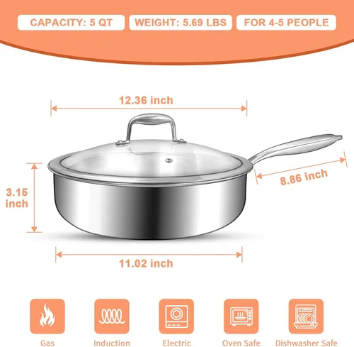 Vista 2 de EWFEN Sartén de Acero Inoxidable de Tres Capas de 12 Pulgadas, Sartén Profunda para Freír con Tapas, Compatible con Todas las Superficies de Cocción