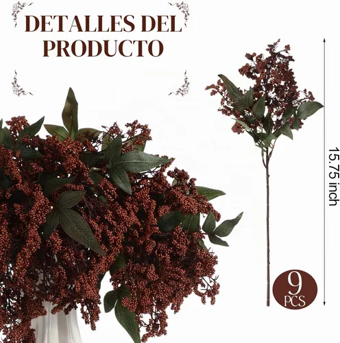 Vista 2 de Zeyune 9 piezas de tallo de bayas artificiales Nandina para jarrón de 15.7 pulgadas, ramas de plantas artificiales realistas con hojas de seda Marrón