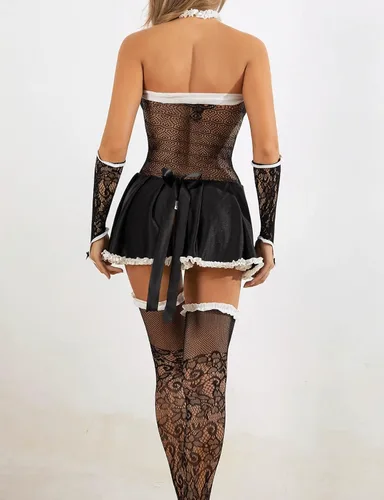 Vista 8 de Anmego Conjunto de lencería sexy para mujer. Conjunto de lencería sexy de malla para cosplay de sirvienta. Disfraces sexys para juegos de rol.