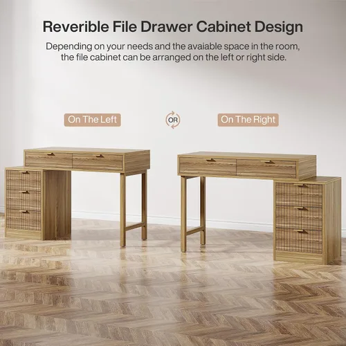 Vista 11 de Tribesigns Escritorio para computadora con 5 cajones, escritorio pequeño reversible con almacenamiento, mesa de estudio de madera vintage, estación