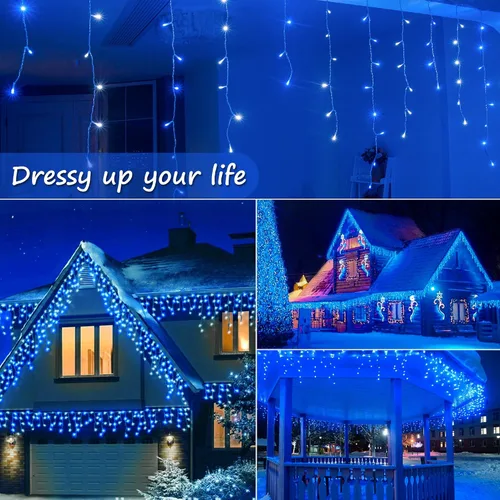 Vista 6 de Luces de carámbano para decoración al aire libre, 300 LED, 33 pies, 8 modos, cortina de luces con 50 gotas, tira de luces LED para interiores