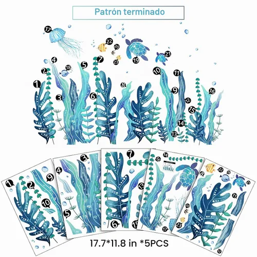 Vista 3 de Tenare 5 hojas de calcomanías de pared de tortuga marina oceánica, calcomanías de bajo el mar, algas, hierba, medusas, peces, calcomanías de vinilo