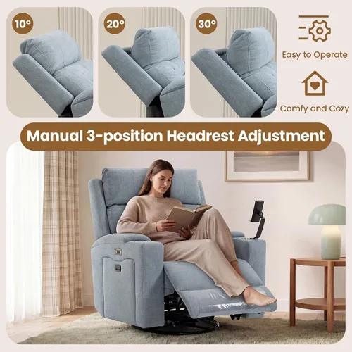 Vista 6 de Silla reclinable giratoria eléctrica con reposacabezas y lumbar ajustables, mecedoras eléctricas para cuarto de bebé con espacio de almacenamiento