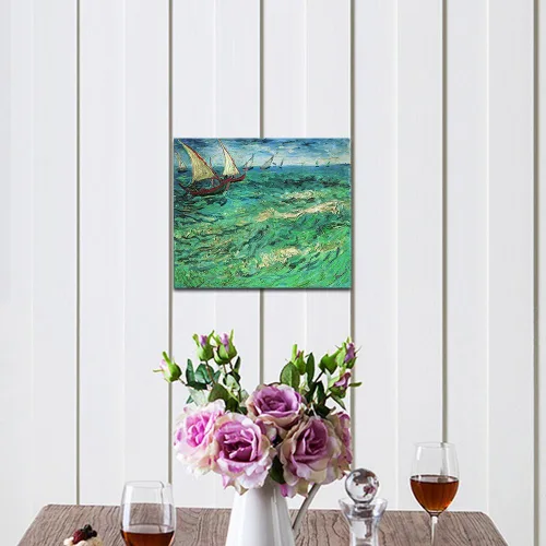 Vista 7 de Wieco Art Impresiones en lienzo de barcos de vela, arte de pared de Van Gogh, famosas pinturas al óleo, reproducción de olas de mar, fotos